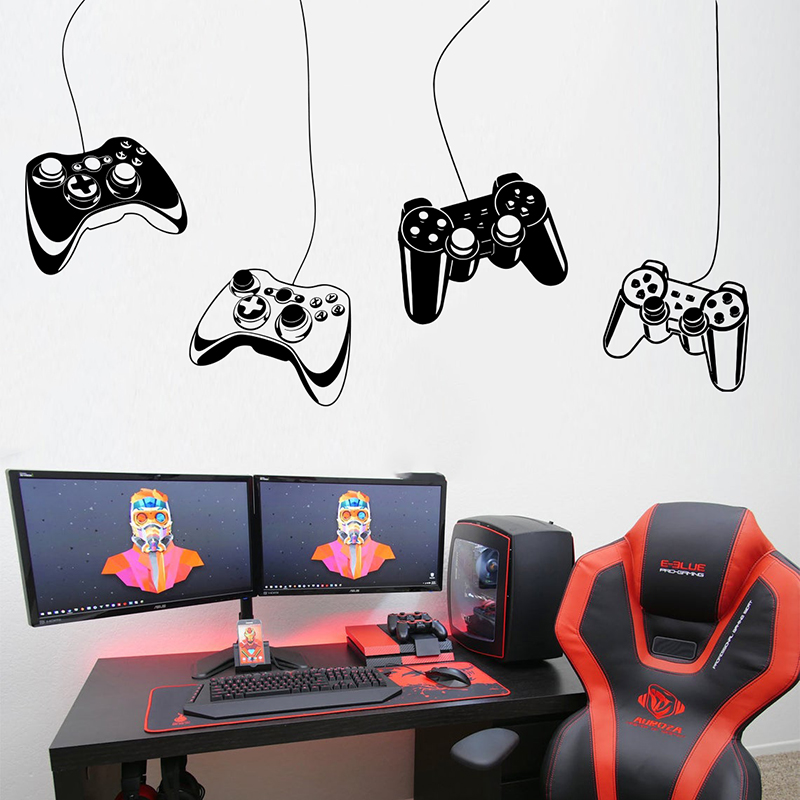 Gaming Console Wallpaper - 4 個ゲームコントローラーウォールステッカープレイルーム Ps ジョイスティックビデオゲームゾーンゲーマー Xbox 壁デカールキッズルームビニール家の装飾