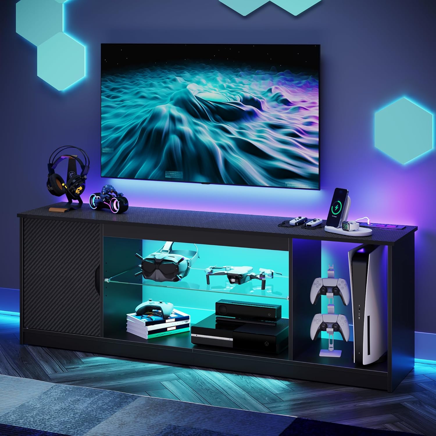 Gaming Console Room - 電源コンセント付きテレビ台、ゲームエンターテイメントコンソール、65インチテレビ対応調整可能ガラス棚、リビングルーム、寝室用、カスタマイズ可能