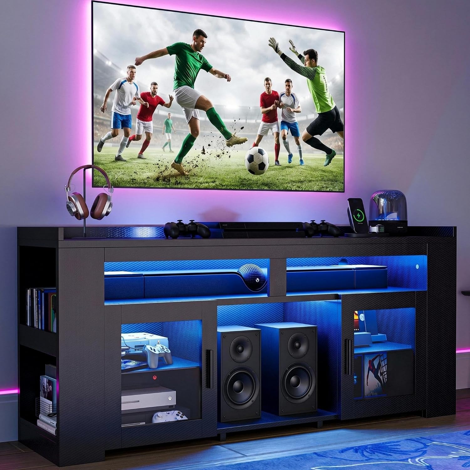 充電ステーションとLEDライト付きテレビスタンド、ガラス棚と - Gaming Console Room のレビューと価格