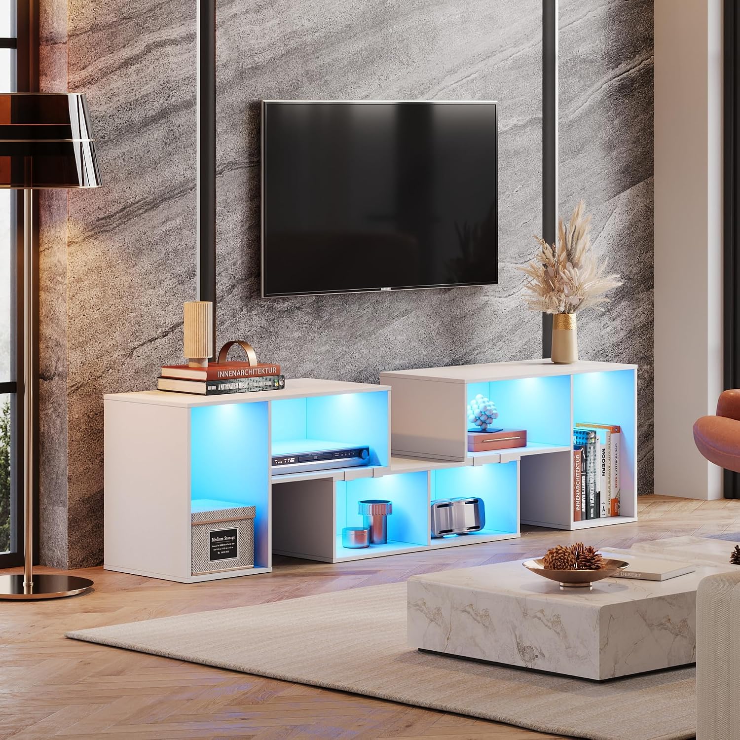 変形可能なテレビスタンド、LEDストリップ付き、モダンなエン - Gaming Console Room のレビューと価格
